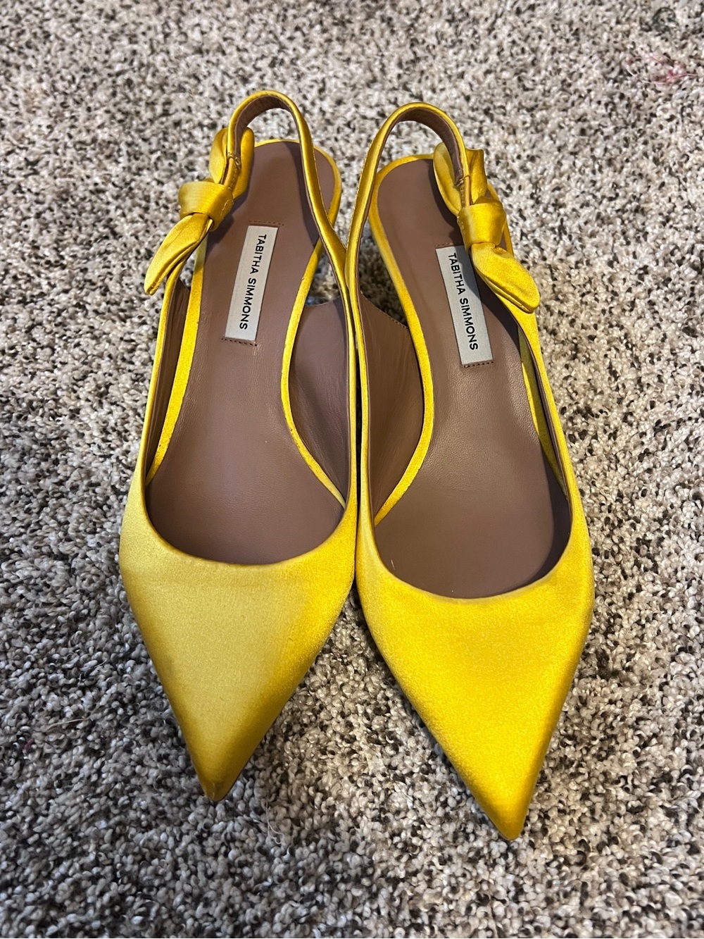 Tabitha Simmons Yellow Satin Pointed Toe Slingback kitten heels